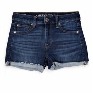 American Eagle Super Stretch Hi-Rise Shortie Denim Shorts Dark Wash Frayed Hem 0